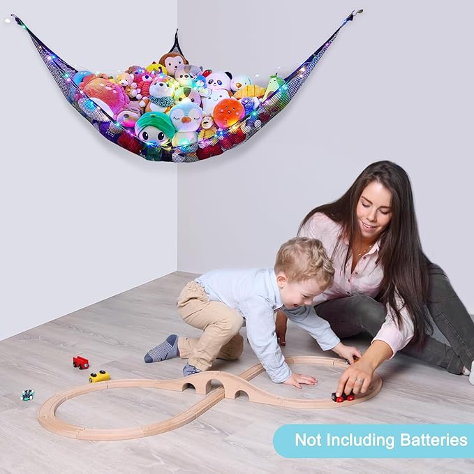 Unicorn Castle Stuffed Animals Net or Hammock Kids Toy Storage Organizer with LED Light Hanging Corner Stuffed Animals Holder Kids Girls Room Decor,Black,Large (Pack of 1)