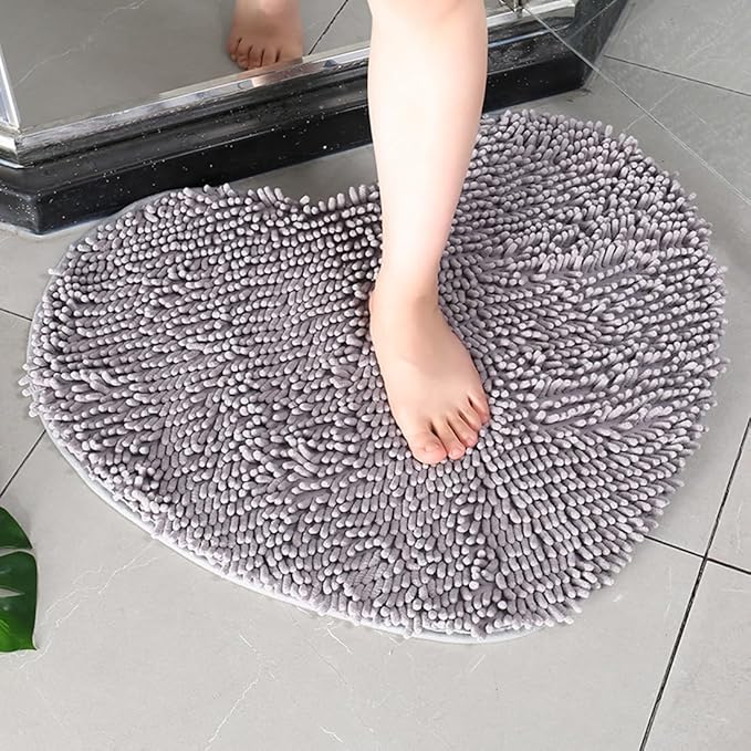 Grey Small Heart Shaped Chenille Bath Mat Soft Absorbent Plush Microfiber Bathroom Rug Non-Slip Machine Washable Shaggy Mats Carpet for Shower, Bedroom, Bathtub, 12"x18"