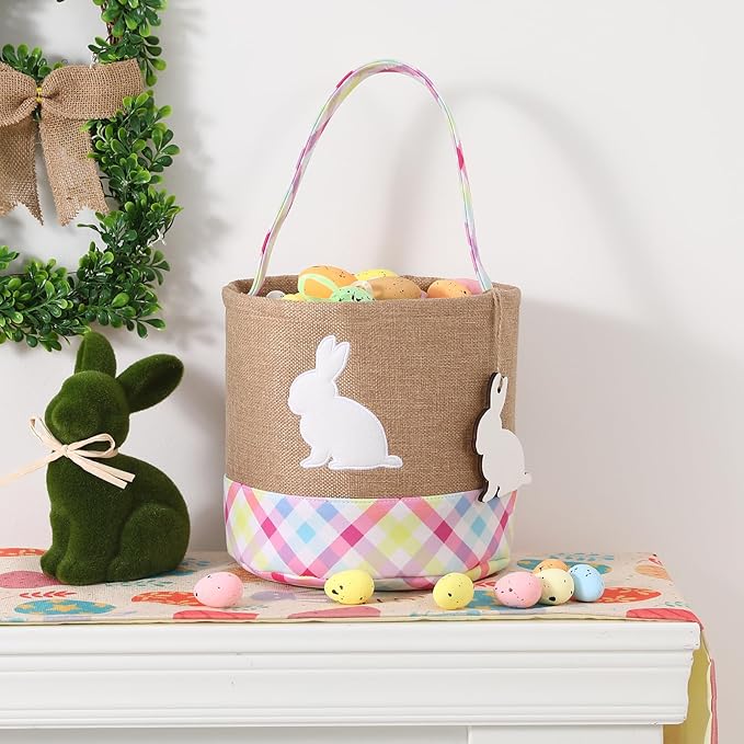 Easter Basket – Bunny Basket with DIY Blank Wooden Bunny Tag for Kids, Boys, Girls, Easter Egg Hunt, Candy Gift Storage (Pink)