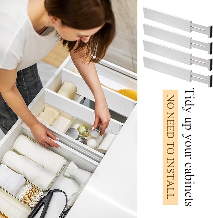 Wesiti 12 Pieces White Bamboo Drawer Dividers Expandable Organization Separators Adjustable Drawer Dividers Dresser Organizer for Kitchen Bedroom(17"-22")