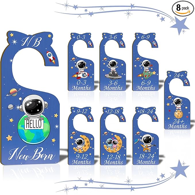 Baby Closet Dividers for Clothes Organizer - Set of 8 Wooden Double-Sided Blue Baby Clothes Size Hanger Organizer from Newborn to 24 Months for Daycare Wardrobe, Boy Nursery Decor