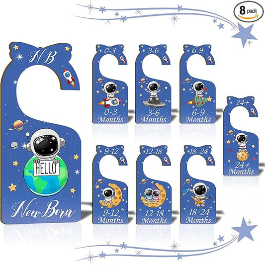 Baby Closet Dividers for Clothes Organizer - Set of 8 Wooden Double-Sided Blue Baby Clothes Size Hanger Organizer from Newborn to 24 Months for Daycare Wardrobe, Boy Nursery Decor