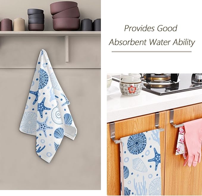 2 Pcs Blue Coastal Decorative Hand Towels for Bathroom,Soft Absorbent Summer Nautical Starfish Seashell Beach Dish Towels for Kitchen,Quick Dry Guest Bathroom Towels for Face,Shower 14"x28"
