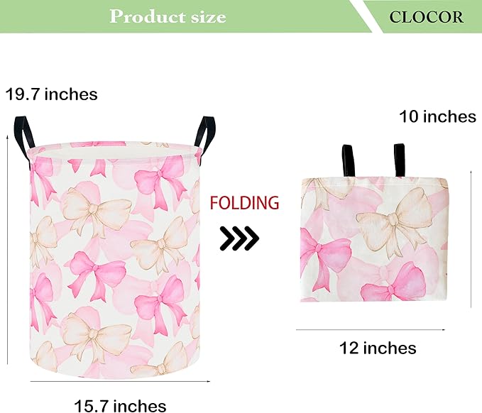CLOCOR Round Collapsible Flat Storage Basket,Space-Saving Fabric Laundry Hamper for Clothes,Nursery Hamper,Gift Basket(Watercolor Bowknot)