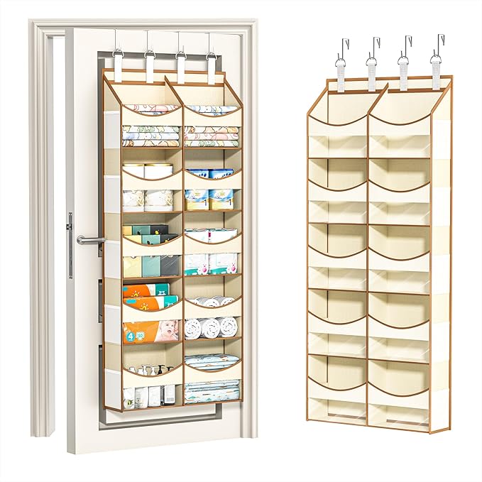 Aokeyee 5 Tiers Over the Door Storage Organizer, Behind Door Storage for Baby Nursery, 80lb Capacity Door Hanging Organizer with 10 Compartments & 10 Mesh Pockets for Closet, Bedroom, Bathroom, Toys
