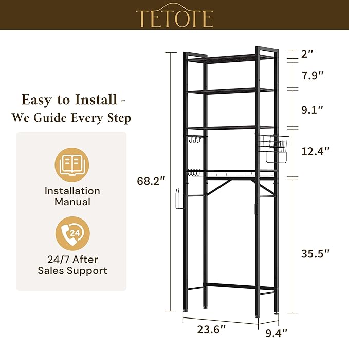 TETOTE Over Toilet Bathroom Organizer, 4-Tier Bathroom Over The Toilet Storage with Adjustable Shelf and Basket, Freestanding Space Saver Bathroom Shelves Above Toilet for Room(Black)