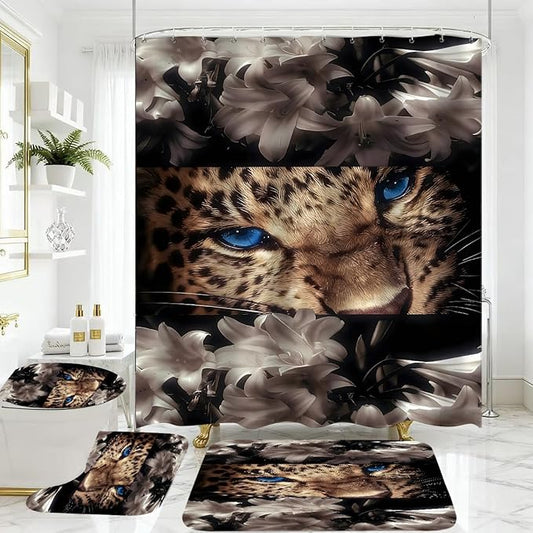 4 Piece Brown Shower Curtain Set with Rugs, Majestic Blue Eyes Leopard & White Lily Floral Art, Modern Aesthetic Waterproof Fabric Bathroom Decor, Non-Slip Mats & Toilet Lid Cover