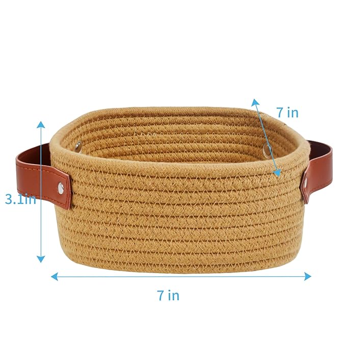 ABenkle Small Storage Basket, Mini Baskets, Cute Rope Woven Baskets for Organizing, Square Shelf Storage with Handle, Boho Decorative Toy Bin for Nursery, Spa, Empty Gift Basket - XS, Brown