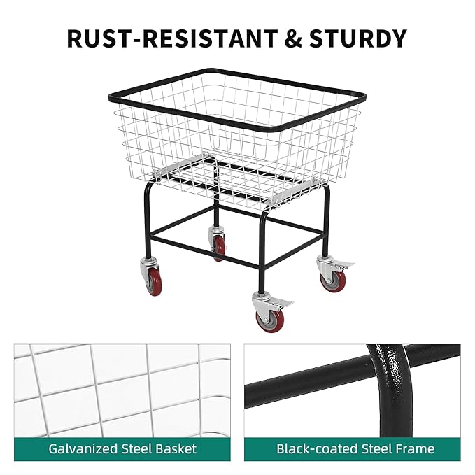 Extra-Large Rolling Laundry Cart with Wheels Holds 4 Washer Loads, Wire Laundry Basket, Heavy-Duty Steel Storage Basket with Galvanized Finish, for Commercial or Home Laundry
