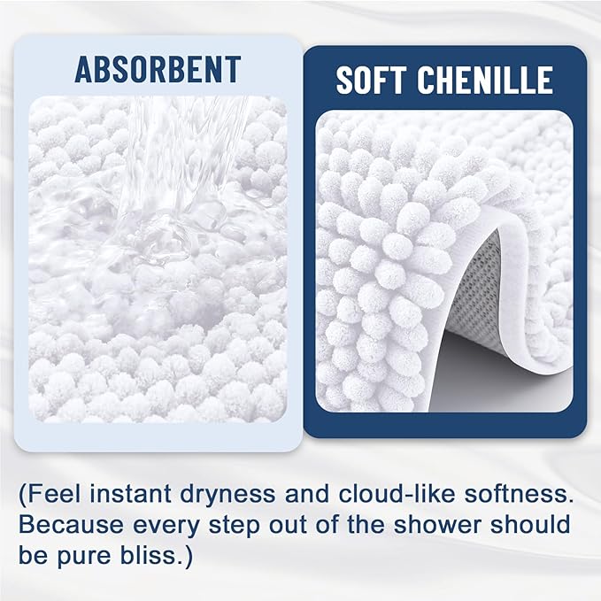 Grandaily Chenille Striped Bathroom Rugs 36x24, Extra Thick and Soft Absorbent Bath Mats, Rubber Backing, Plush Shaggy Shower Carpet, Machine Wash Dry, Bath Rug for Bathroom, Solid White