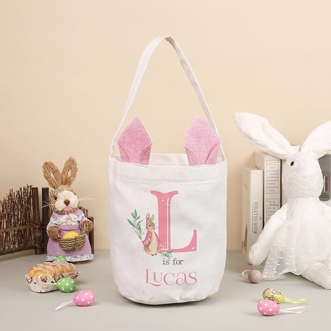 Personalized Name Easter Basket, Bunny Basket for Kids, Easter Bunny Bag for Boys Girls, Egg Hunt Bucket, Party Favors (Style C)