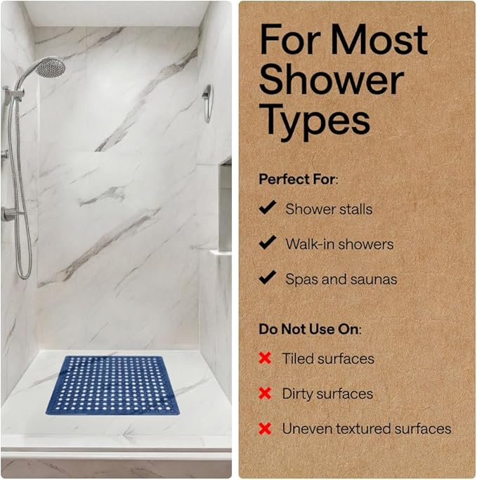 GORILLA GRIP Patented Square Shower Stall Mat, Small Bathtub Floor Mats for Stand Up Showers, Suction Cups and Drainage Holes, Machine Wash, Soft on Feet, Bathroom Accessories 21x21 Inch, Navy Blue