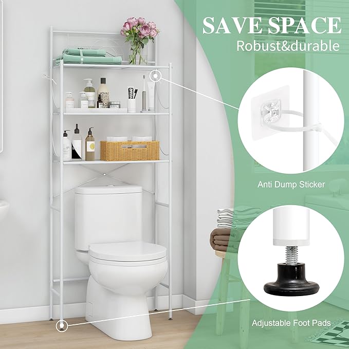 MallBoo Over The Toilet Storage Rack, 3-Tier Metal Bathroom Organizer Shelf with Hooks & Paper Holder, Freestanding Above Toilet Storage for Small Spaces, Apartments, Laundry Room(White)