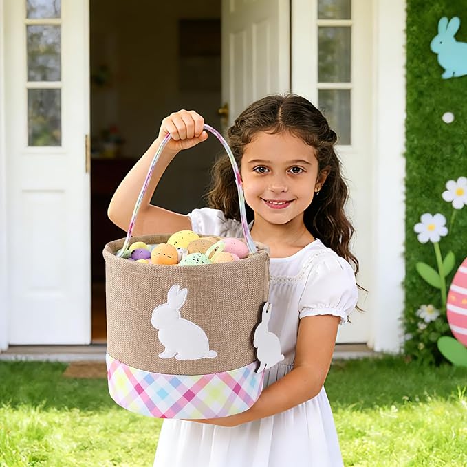 Easter Basket – Bunny Basket with DIY Blank Wooden Bunny Tag for Kids, Boys, Girls, Easter Egg Hunt, Candy Gift Storage (Pink)