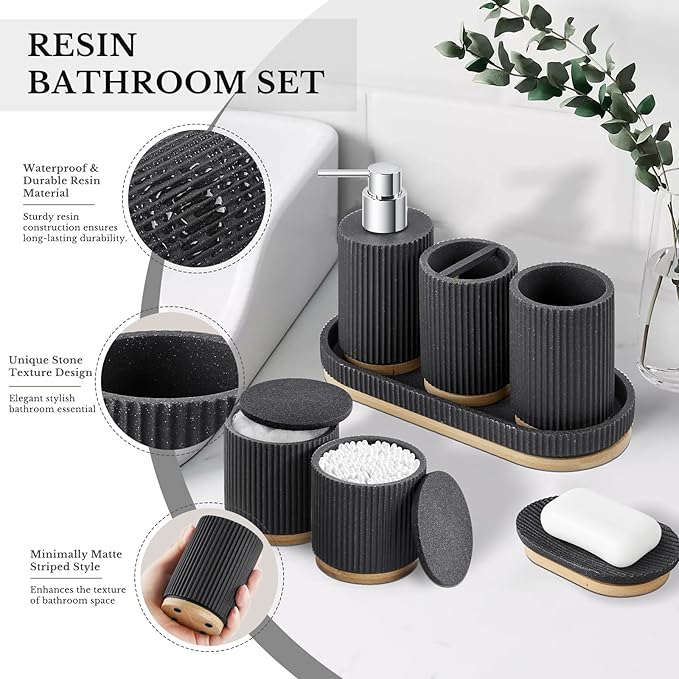 7PCS Bathroom Accessories Set, with Soap Dispenser, Q-tip Holder, Toothbrush Holder, Tumbler, Soap Dish, Vanity Tray, Bathroom Set Complete Organizer Countertop for Modern Decor, Black