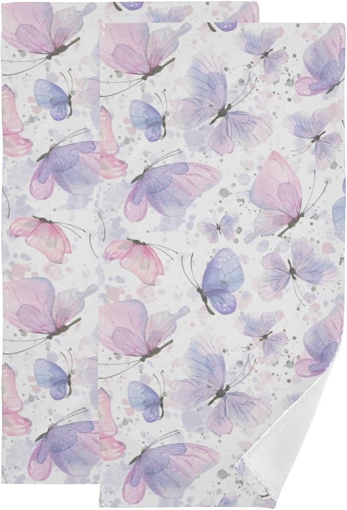 2 Pcs Watercolor Blue Butterfly Decorative Hand Towels for Bathroom,Soft Absorbent Pink Butterflies Pattern Dish Towels for Kitchen,Quick Dry Guest Bathroom Towels for Face,Shower 14"x28"