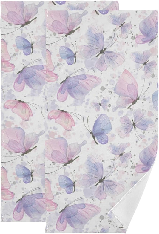 2 Pcs Watercolor Blue Butterfly Decorative Hand Towels for Bathroom,Soft Absorbent Pink Butterflies Pattern Dish Towels for Kitchen,Quick Dry Guest Bathroom Towels for Face,Shower 14"x28"