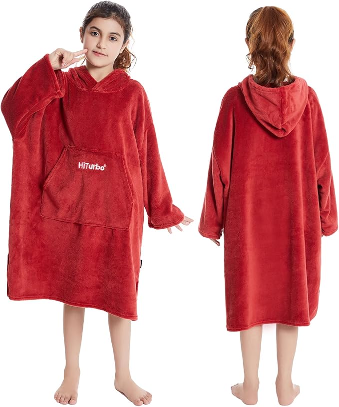 Hiturbo Kids Towel Changing Robe: Soft Plush Wearable Blanket - Warm Coral Fleece Hoodie - Swim Surf Poncho for 5-12 Years (Red)