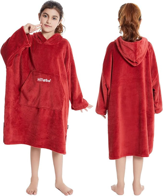 Hiturbo Kids Towel Changing Robe: Soft Plush Wearable Blanket - Warm Coral Fleece Hoodie - Swim Surf Poncho for 5-12 Years (Red)