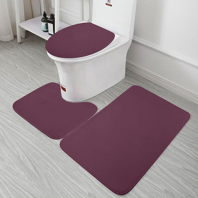 3 Pieces Bath Rug Sets, Plum Purple Color Bathroom Mat Set Non Slip U Shaped Contour Rug & Toilet Lid Cover