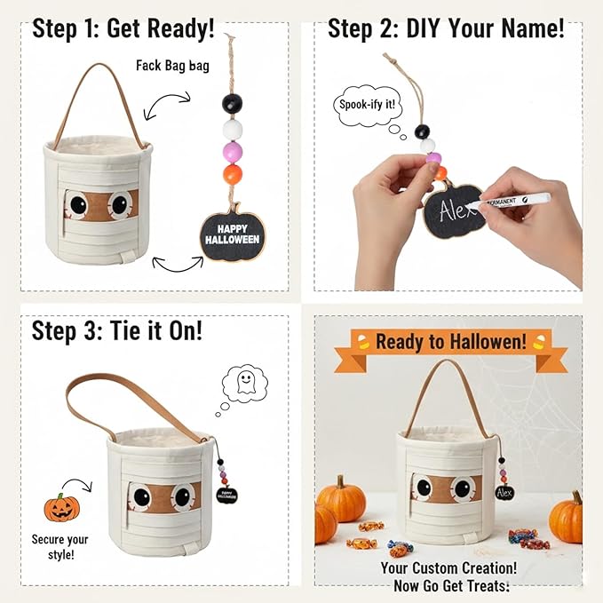 Halloween Trick or Treat Basket - Mummy Canvas Candy Bucket with Handle - Halloween Basket - Fabric Candy Bag for Parties & Treats (Mummy)