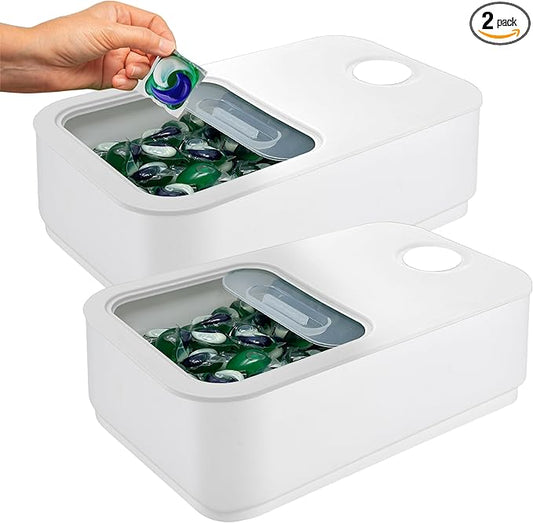 Skywin Large Laundry Pods Container with Slide Lid, 2 Pack Laundry Pod Holder 15 x 8.7 x 4.5 In, Holds 11 lbs OR 120-150 Pods (White)