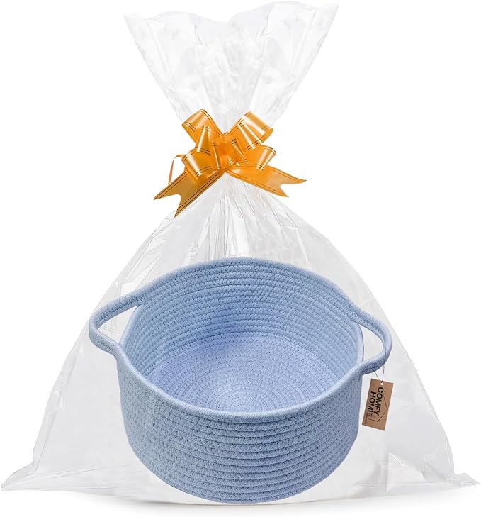 COMFY HOMI Small Woven Gift Baskets with Handles, Gift Bags and Ribbons - Cotton Rope Storage Basket for Organizing, Dog Toy Basket Box, Gift Baskets Empty, Mother’s Day-φ11X5 Inch（all bule）
