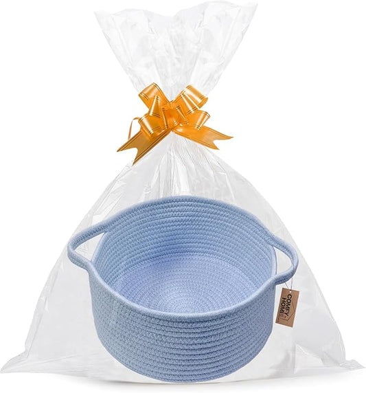 COMFY HOMI Small Woven Gift Baskets with Handles, Gift Bags and Ribbons - Cotton Rope Storage Basket for Organizing, Dog Toy Basket Box, Gift Baskets Empty, Mother’s Day-φ11X5 Inch（all bule）