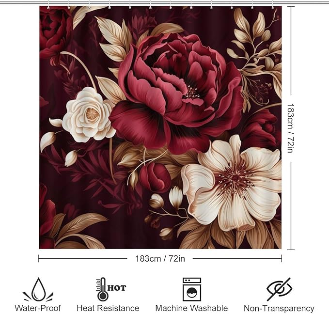 4 Piece Decor Shower Curtains Sets Rug Toilet Lid Cover and Non-Slip U Shape Mat Elegant Burgundy Floral Waterproof Fabric Bath Curtain Red and White Floral for Bathroom Decor Set