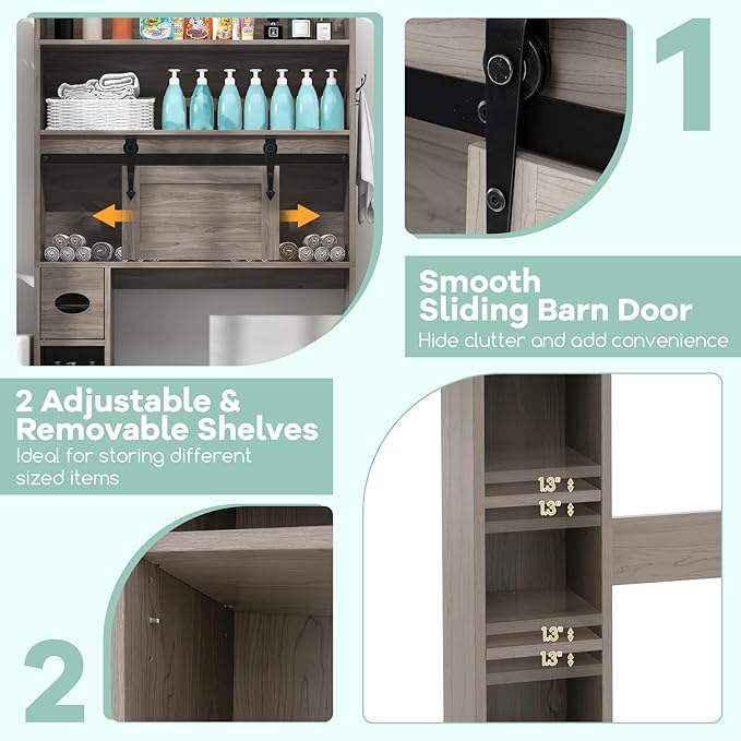 Tangkula Over The Toilet Storage Cabinet, Farmhouse Freestanding Above Toilet Rack w/Sliding Barn Door, Adjustable Shelves, Toilet Paper Holder, 2 Hooks, Bathroom Space Saver (Retro, Grey)