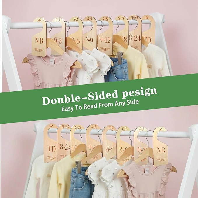 Baby Closet Dividers for Clothes Organizer -8Pcs Wooden Baby Clothes Size Dividers from Newborn to Toddler, Double-Sided Gender Neutral Babys Cloth Organizer