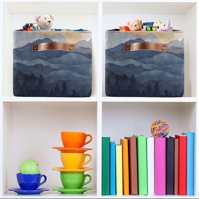 YETTASBIN Nature Mountain Storage Basket 1pc, Large Collapsible Toys Clothes Organizer, Durable Canvas Storage Bin with Handle for Shelves Closet Laundry Home Office Decor
