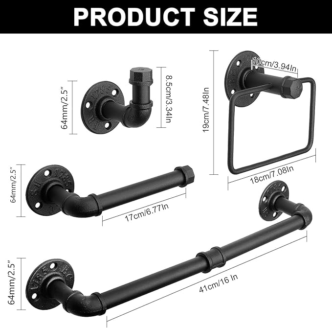 4-Pieces Industrial Pipe Bathroom Towel Ring Kit DIY Wall Mount Accessories Kit Includes Robe Hook Towel Bar and Towel Ring (16 inch)