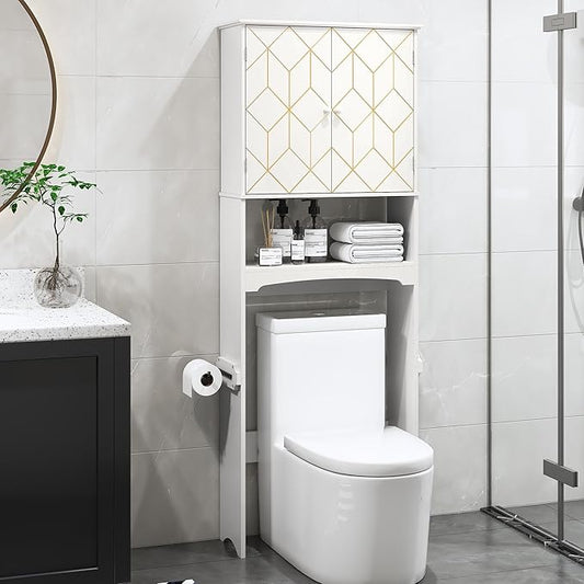 Over The Toilet Storage Cabinet with Gold Trim, Modern Bathroom Organizer Over Toilet with Adjustable Shelves and Toilet Paper Holder for Bathroom (White)