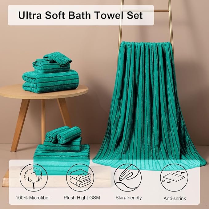 4 Pcs Blue Green Cabana Stripe Large Bath Towels 35"x70" Oversized Bath Sheet Soft Breathable Jumbo Bathroom Towels Highly Absorbent Shower Towel Quick Dry Beach Chair Towel Spa Gym Hotel Towel Set