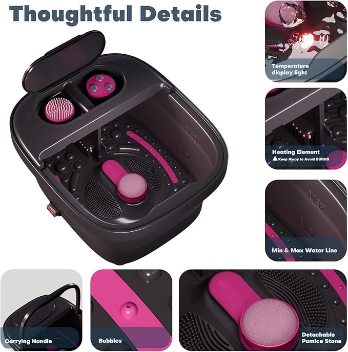 Collapsible Foot Bath, Foot Spa Bath Massager with Heat, Bubble, Remote Control, Temperature Control, 3 Pedicure Attachments, Feet Soaking Tub for Stress Relief