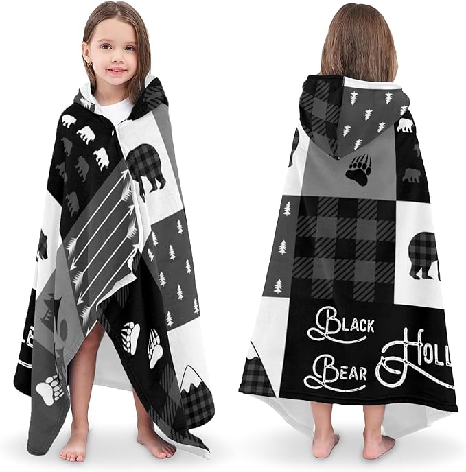 Hooded Bath Towels for Kids, Buffalo Bears Mountains Black Personalized Towel for Swimming Robe | Bathing | Beach | Birthday Gifts