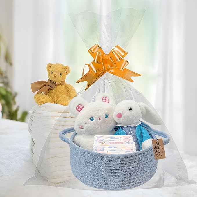 COMFY HOMI Small Woven Gift Baskets with Handles, Gift Bags and Ribbons - Cotton Rope Storage Basket for Organizing, Dog Toy Basket Box, Gift Baskets Empty, Mother’s Day-φ11X5 Inch（all bule）