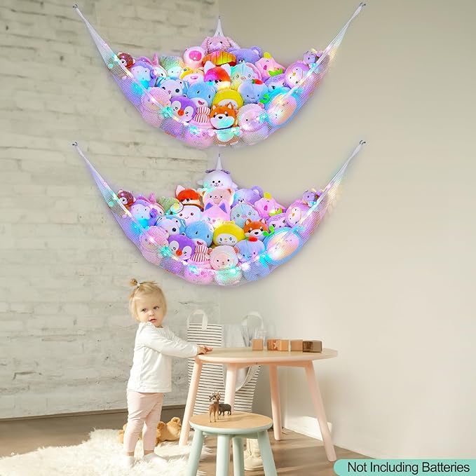 Unicorn Castle Stuffed Animals Net or Hammock Kids Toy Storage Organizer with LED Light Hanging Corner Stuffed Animals Holder Kids Girls Room Decor,White,Large (Pack of 2)