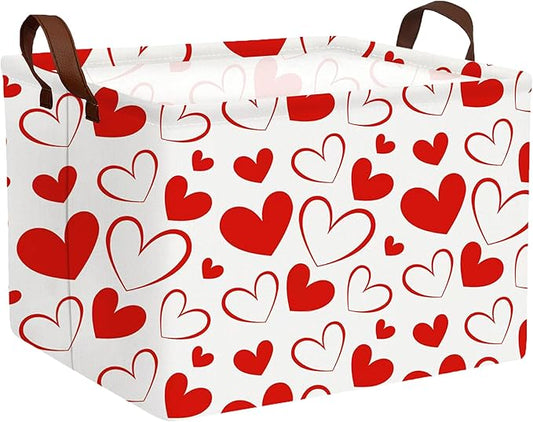 Large Valentine's Day Basket Heart Shaped Storage Bin for Gifts Collapsible Organizer Room Decor (Red Hollow Solid Love)