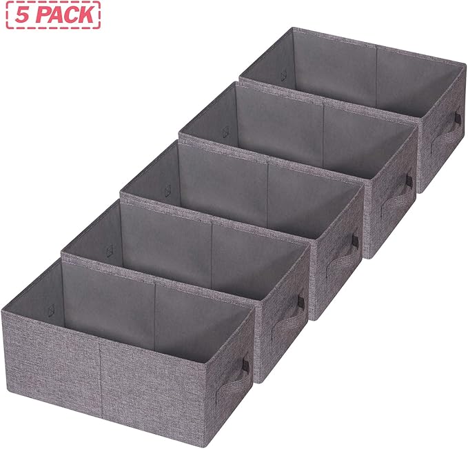 Set of 5 Closet Organizer Bins with Handle, Fabric Foldable Storage Baskets Cloth Box Containers for Shelves Home Office Clothes Clothing, Gray, Large