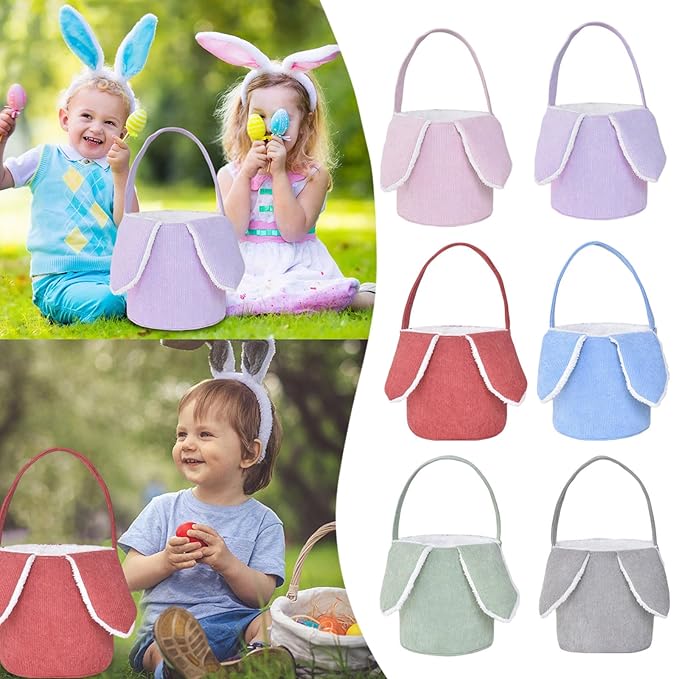 Easter Bunny Basket, Cute Easter Bucket Bags with Rabbit Ears for Easter Eggs Hunting, Plush Easter Bunny Basket, Easter Tote Bags for Candy Storage Decorations (Grey)