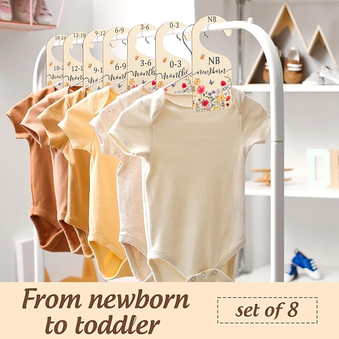 AnyDesign 8Pcs Wildflower Wood Baby Closet Dividers Newborn to 24 Months Baby Wardrobe Organizer Spring Vintage Floral Hanging Closet Organizer for Home Nursery Birthday Decor