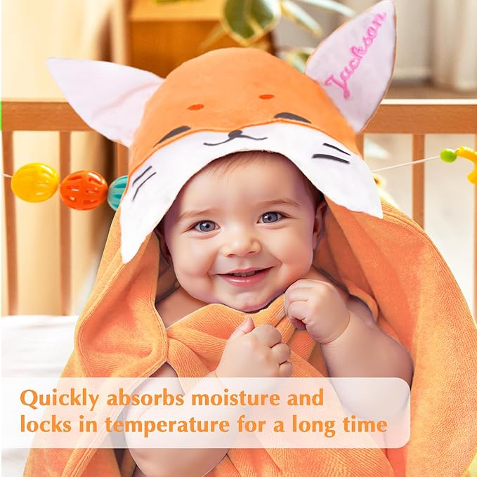 Baosity Custom Hooded Baby Towel with Name, Soft and Absorbent Customized Fox Toddler Towels, Baby Bath Towel for Boys and Girls, Easter Birthday Towel for Kids，Babies, Toddlers, Newborns Essential