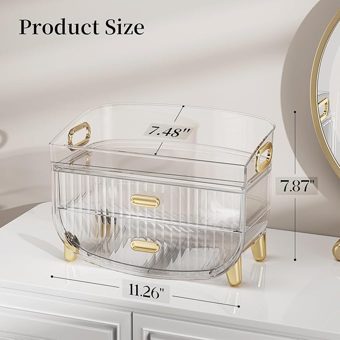 LAMU Makeup Organizer With 2 Drawers, Bathroom Storage With Four Non-Slip Feet And Dust-Proof, Simple And Stylish For Desktop, Vanity, Bathroom Countertops, Clear, Ideal Christmas Gifts for Girls