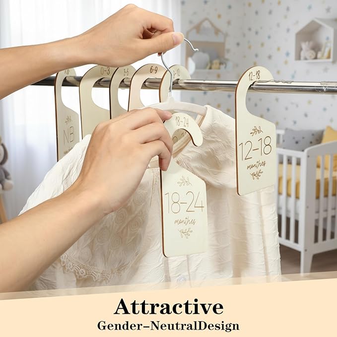 TIESOME 7 Pcs Baby Closet Size Dividers, Wooden Double-Sided Baby Clothes Separators for Closet for Newborn to 24 Months, Easy to Read Size Tabs for Nursery Closets Organization, Cute Hanger Decor