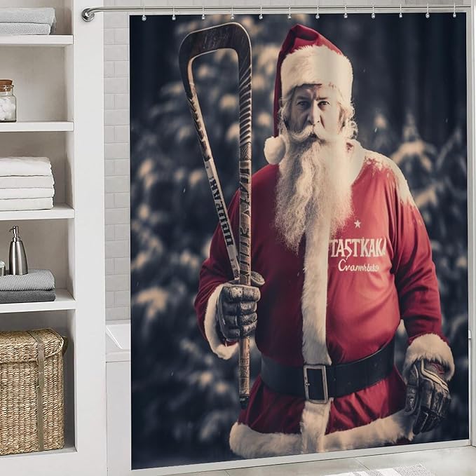 4 Pcs Shower Curtain Sets with Rugs Include Waterproof Shower Curtain Non-Slip Rug Toilet Lid Cover Bath Mat Santa Claus Playing Hockey Ice Skate Sport Waterproof Shower Curtain Sports Fan