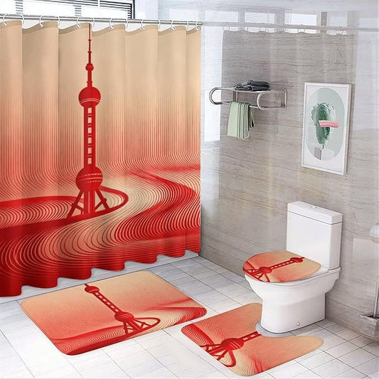 4 Piece Bathroom Rug Set with Shower Curtain, Non-Slip Bath Mat Toilet Cover Set, Tower Bathroom Rug Sets