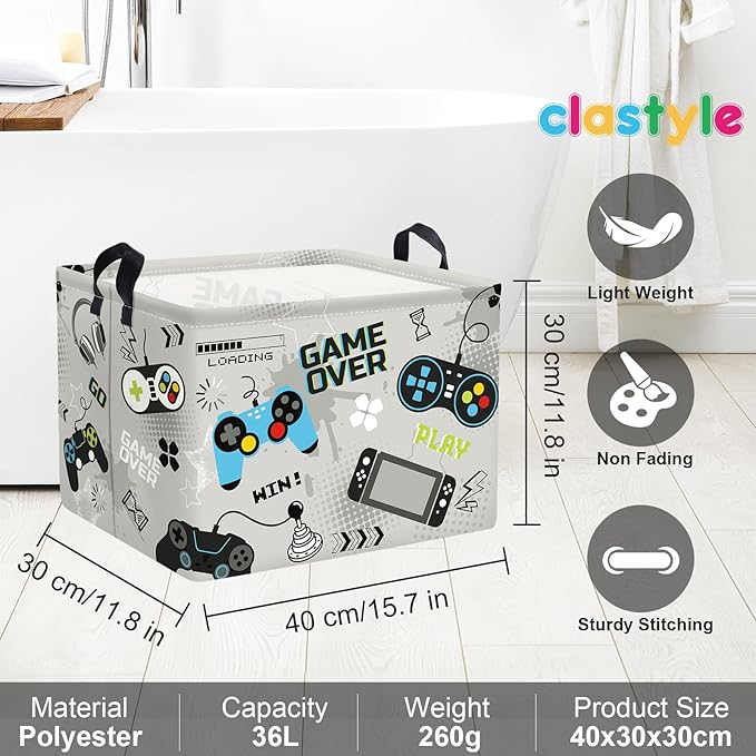 Clastyle Cool Game Storage Basket Kid Game Controller Clothes Laundry Hamper Collapsible Boy Toy Box for Nursery Palyroom,Gray,40 * 30 * 30 cm
