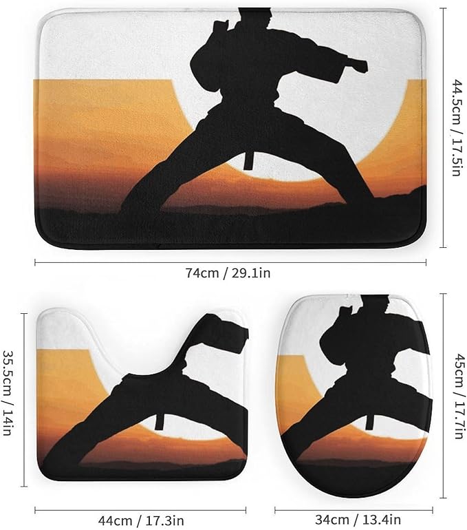 4 Piece Bathroom Rug Set with Shower Curtain, Non-Slip Bath Mat Toilet Cover Set, Karate Silhouette Bathroom Rug Sets